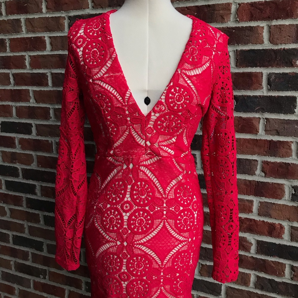 NEW Missguided Red Lace long sleeve dress